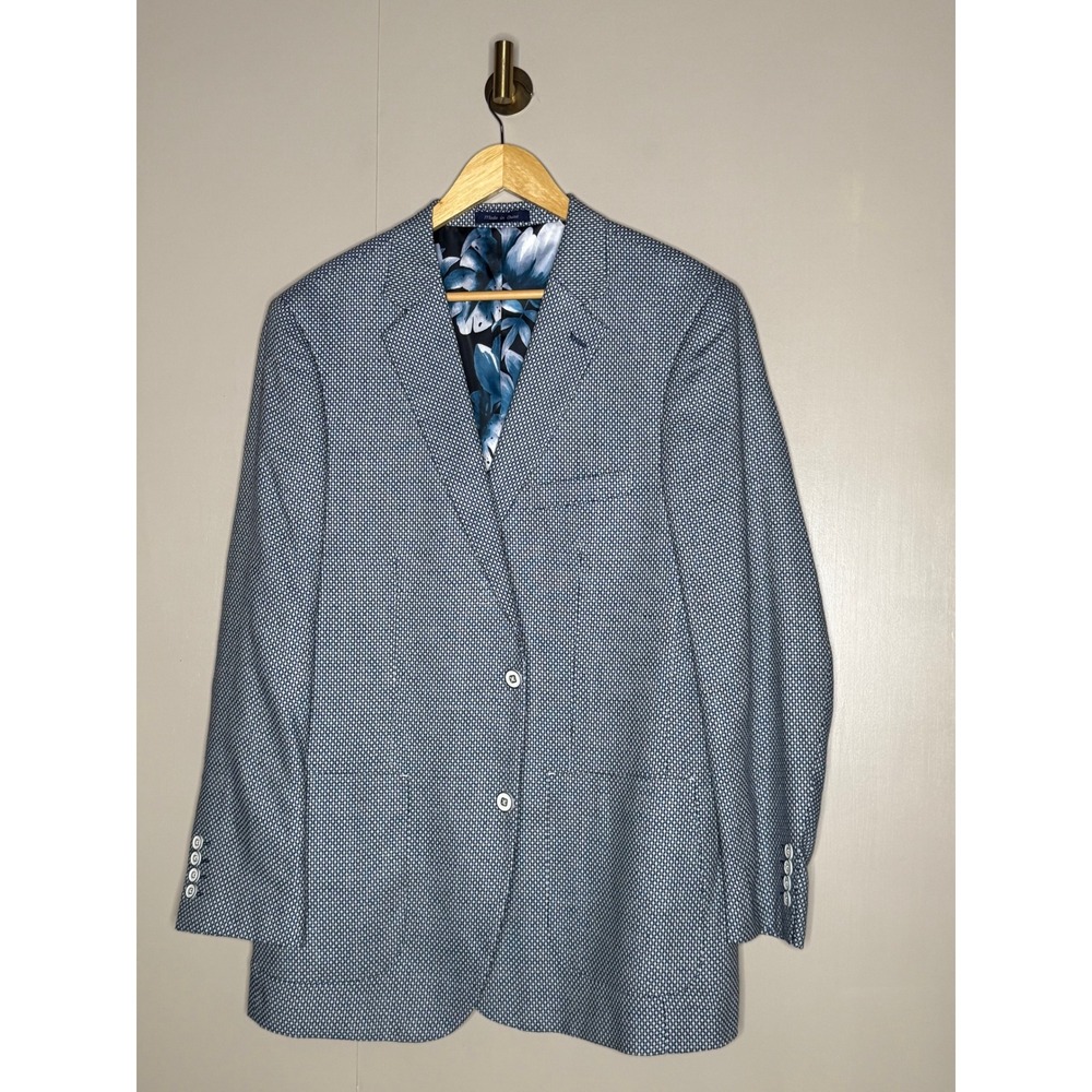 Alan Flusser Blue White Micro‎ Pattern Blazer Floral Lining Sport Coat 42R